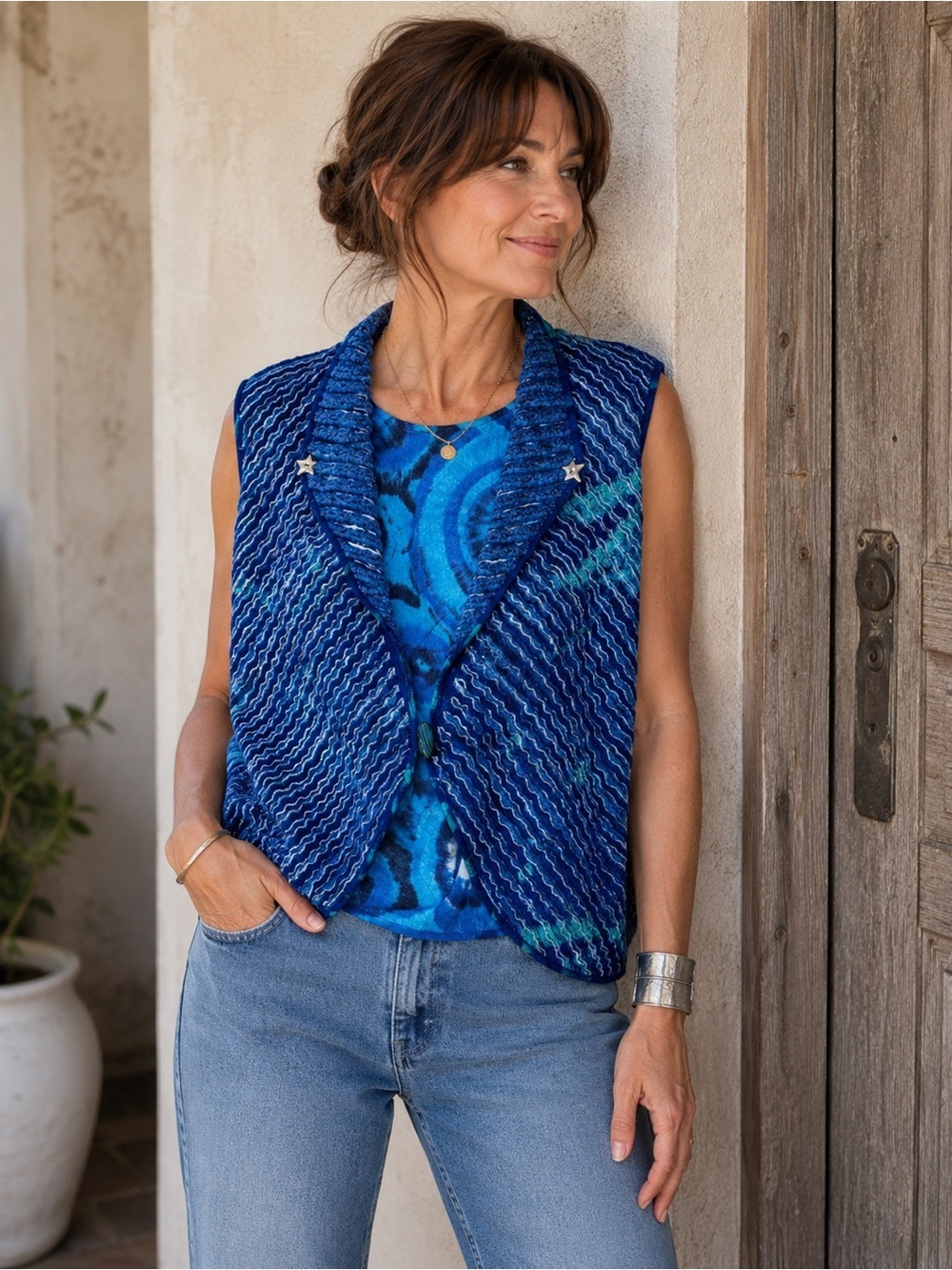Navy Blue Textured Vest for Layering Unique Unusual